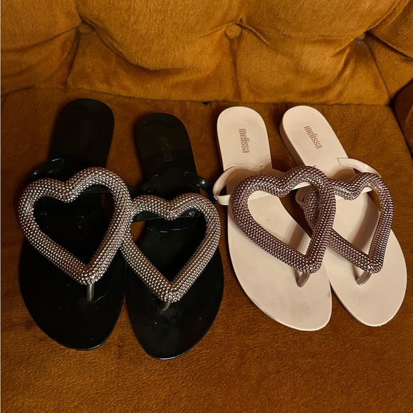 Melissa Shoes - 2 PAIR Melissa Big Heart Jelly Slide Sandals
Sz 8 black and beige flip flops